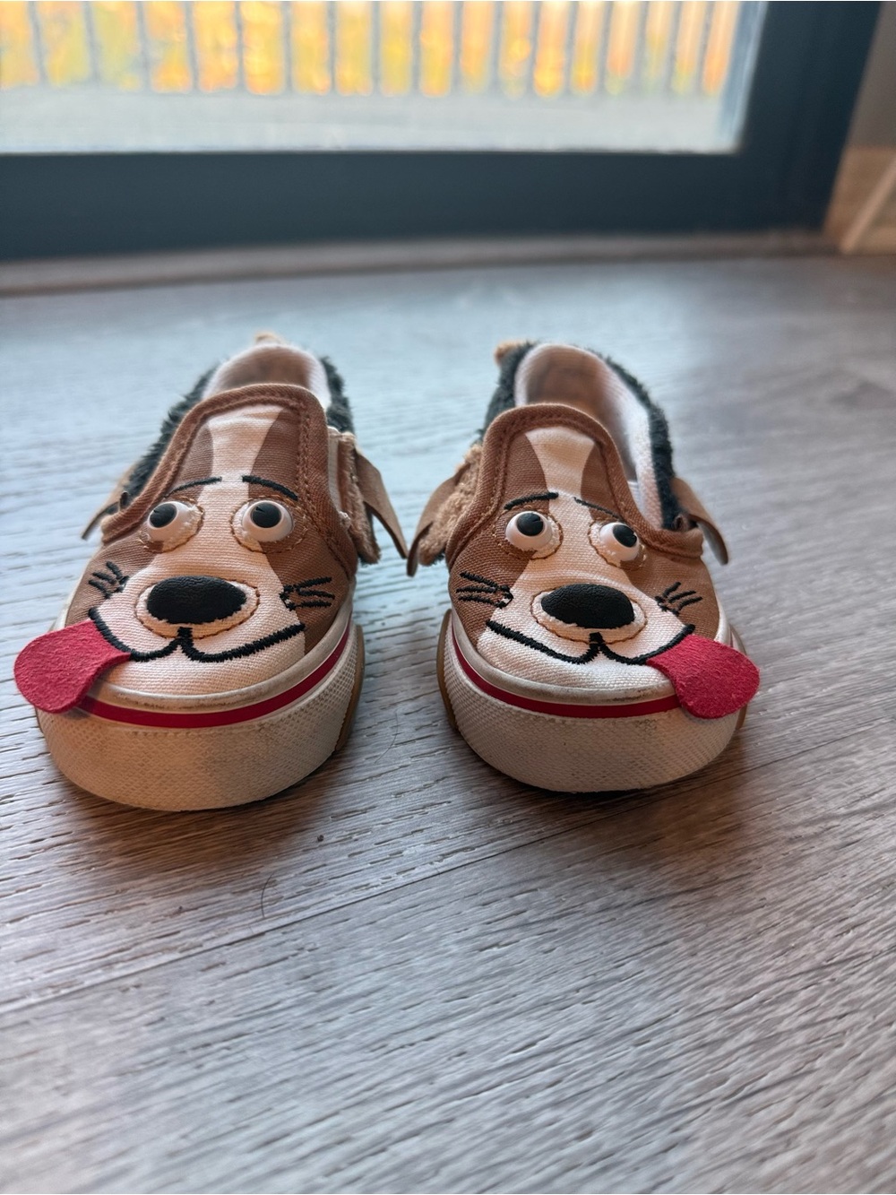 Vans Toddler Brown Puppy Slip-On Sneakers with Red Tongue Accent